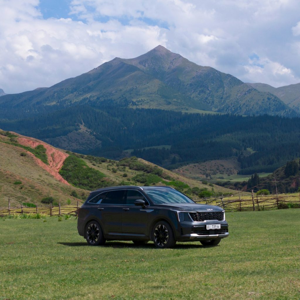 A car parked in a field with mountains in the background